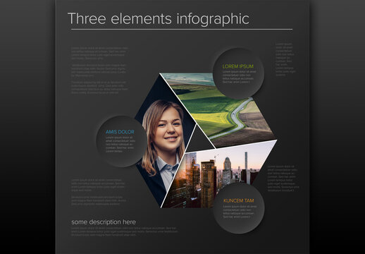 Abstract Dark Infographic Layout with Photo Placeholders and Circle Content Buttons