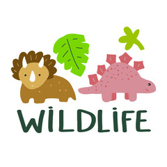 Triceratops and Stegosaurus. Cute dino clipart. Cartoon dinosaur.