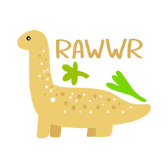 Cute dinosaur. Brontosaurus rawwr. Hand drawn cartoon vector winter holiday illustration.