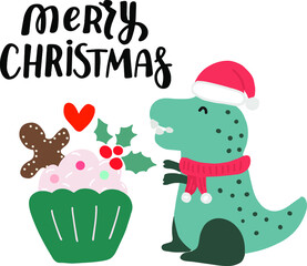 Obraz na płótnie Canvas Cute Christmas dinosaur. Tyrannosaurus. T rex dino with Christmas cupcake. Funny hand drawn cartoon vector winter holiday illustration.