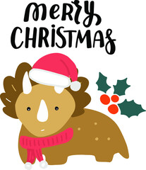 Cute Christmas dinosaur. Hand drawn cartoon Triceratops with mistletoe and red hat and scarf vector winter holiday illustration.