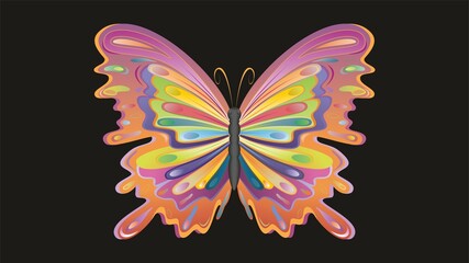Psychedelic colorful butterfly. Isolated on black background. Vector illustration.
