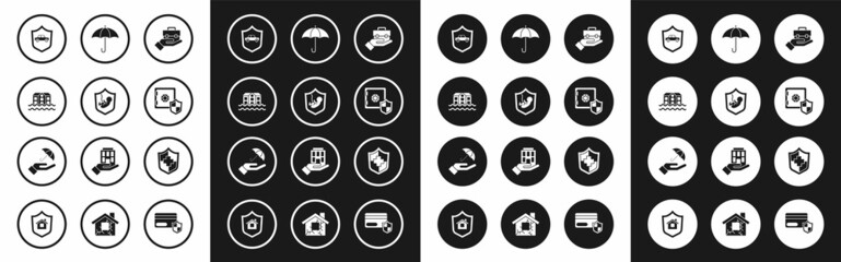 Set Hand holding briefcase, Life insurance with shield, House flood, Car, Safe, Umbrella, and hand icon. Vector