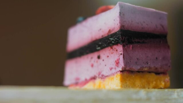 French Mousse Cake with blueberries and strawberries. Macro and slider shooting
