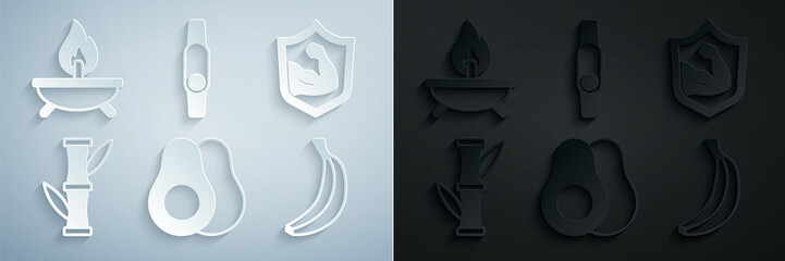 Set Avocado fruit, Bodybuilder muscle, Bamboo, Banana, Smartwatch and Aroma candle icon. Vector