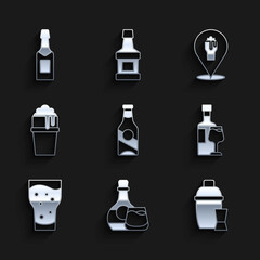 Set Beer bottle, Whiskey and glass, Cocktail shaker, Wine with, Glass of beer, Alcohol or bar location and Champagne icon. Vector