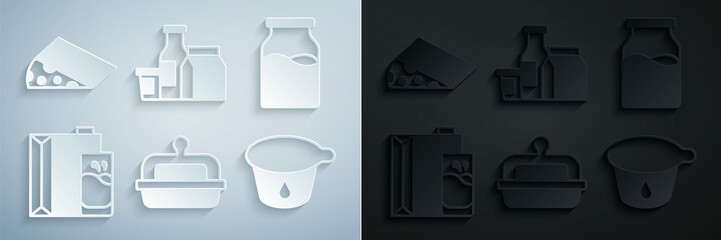 Set Butter in a butter dish, Bottle with milk, Paper package for, Yogurt container, Milk product and Cheese icon. Vector