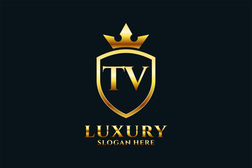 initial TV elegant luxury monogram logo or badge template with scrolls and royal crown - perfect for luxurious branding projects