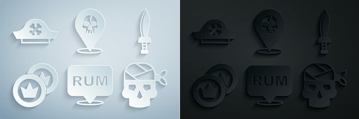 Set Alcohol drink Rum, Pirate sword, coin, captain, Location pirate and hat icon. Vector