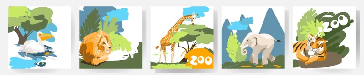 zoo flyers. Set of vector postcards, posters with images of animals