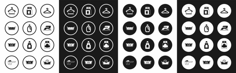 Set Hanger wardrobe, Bottle for cleaning agent, Temperature wash, Towel on hanger, Electric iron, Laundry detergent, and icon. Vector