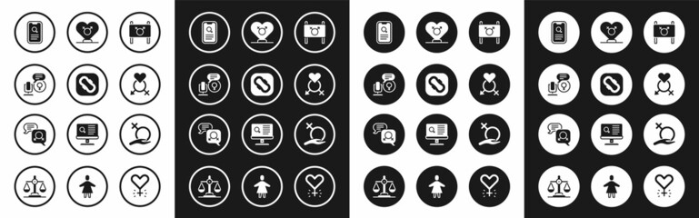 Set Feminist activist, Sanitary napkin, Microphone, Dating app, Gender, Female gender and equality icon. Vector