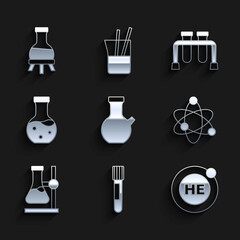 Set Test tube, Helium, Atom, flask on stand, and icon. Vector