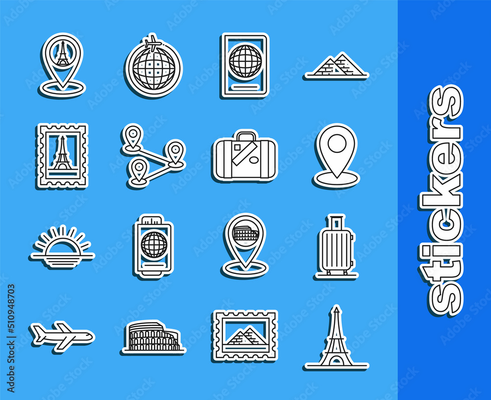 Sticker Set line Eiffel tower, Suitcase for travel, Map pin, Passport with biometric data, Route location, Postal stamp and, pointer and stickers icon. Vector