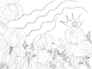 Different types of irises on the background of the girl's face and hair. Black and white. Realistic style. Coloring page.