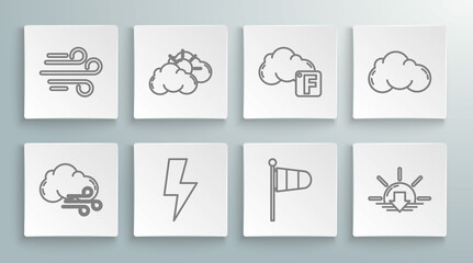 Set line Windy weather, Sun and cloud, Lightning bolt, Cone meteorology windsock wind vane, Sunset, Fahrenheit, Cloud and icon. Vector