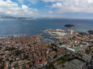 Panoramic aerial view on historical coastal Provencal city La Ciotat, summer vacation in Provence, France