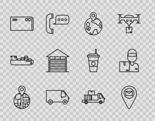 Set line , Placeholder on map paper, Worldwide, Delivery cargo truck vehicle, Envelope, Closed warehouse, with cardboard boxes and man icon. Vector