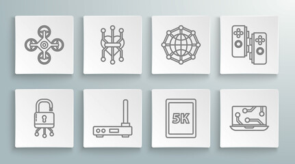 Set line Lock on digital circuit board, Processor, Router and wi-fi signal, Tablet with text 5k, Laptop, Global technology social network, Gamepad and Drone icon. Vector