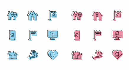 Set line House, Realtor, with shield, heart shape, Hanging sign text Rent, Computer monitor smart home, Mobile phone and icon. Vector