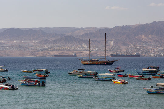 Boats in the bay of Aqaba town, Jordan