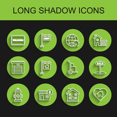 Set line Fire hydrant, House with dollar symbol, Doormat the text Welcome, Home, heart shape, Hanging sign Sale, and Hand truck and boxes icon. Vector