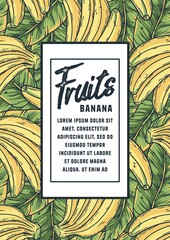 Tropical fruits, banana and palm summer poster with space for text