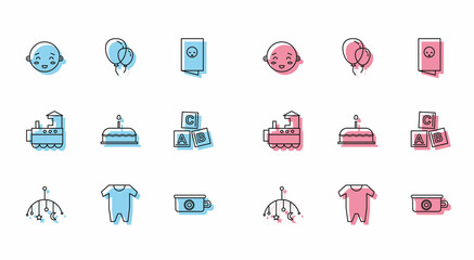 Set line Baby crib hanging toys, clothes, Happy little boy head, potty, Cake with burning candles, ABC blocks, Toy train and Balloons ribbon icon. Vector