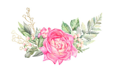 Watercolor floral arrangements with leaves, herbs, flowers. Botanic illustration for wedding, greeting card. - 510951727