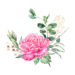 Watercolor floral arrangements with leaves, herbs, flowers. Botanic illustration for wedding, greeting card. - 510951731