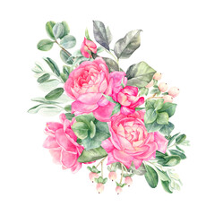 Watercolor floral arrangements with leaves, herbs, flowers. Botanic illustration for wedding, greeting card. - 510951732
