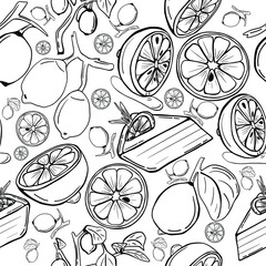 Seamless pattern with lemons and cake. 