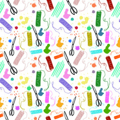 Seamless pattern for knitting and sewing. threads and scissors. the theme of handmade