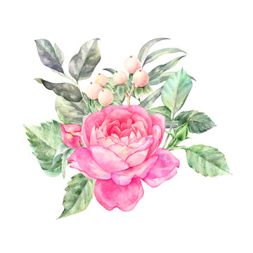 Watercolor floral arrangements with leaves, herbs, flowers. Botanic illustration for wedding, greeting card.