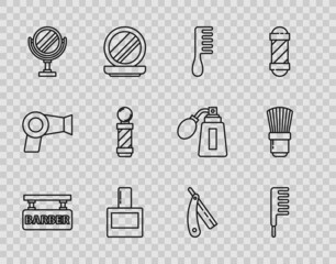 Set line Barbershop, Hairbrush, Aftershave, Round makeup mirror, Classic pole, Straight razor and Shaving icon. Vector