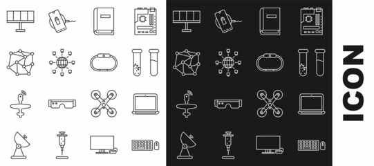 Set line Keyboard and mouse, Laptop, Test tube flask, User manual, Social network, Neural, Solar energy panel and Smartwatch icon. Vector