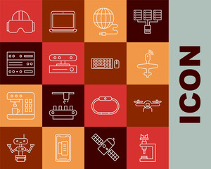 Set line Microscope, Drone flying, UAV, Social network, Motion sensor, Server, Data, Web Hosting, Virtual reality glasses and Keyboard and mouse icon. Vector