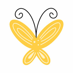 Cute yellow butterfly on white background. Vector doodle illustration. Postcard decor element.