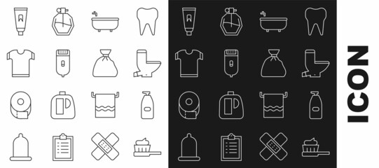Set line Toothbrush with toothpaste, Bottle of liquid antibacterial soap, Toilet bowl, Bathtub, Electrical hair clipper or shaver, T-shirt, Tube and Garbage bag icon. Vector