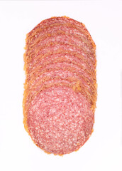 Salami with cheese in slices, isolated. Meat cold cuts on white background. Packshot photo for...
