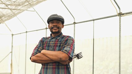 Portrait man plowing the soil to grow organic fresh hydroponic vegetable in a greenhouse garden, Young male plant vegetable in a hydroponics vegetable farm, Garden food production business lifestyle.