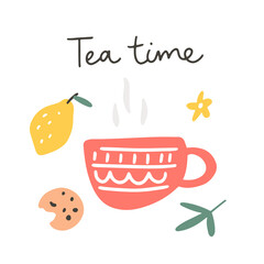 A red cup of tea with lemon and cookie isolated on a white background. Hand drawn flat vector illustration. Tea time lettering typography. Modern motivating calligraphy decor.