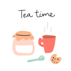 A red cup of tea with honey and cookie isolated on a white background. Hand drawn flat vector illustration. Tea time lettering typography. Modern motivating calligraphy decor.