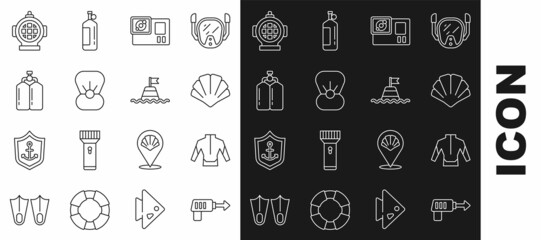 Set line Fishing harpoon, Wetsuit, Scallop sea shell, Action camera, Shell with pearl, Aqualung, and Floating buoy the icon. Vector