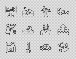 Set line Canister for gasoline, Dead fish, Withered tree, Meteorology thermometer, Television report, Wrecked oil tanker ship, Car and Rise water level icon. Vector
