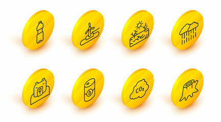 Set line Tree stump, CO2 emissions in cloud, Barrel oil, Polar bear head, Cloud with rain, Drought, Wind turbine and Bottle of water icon. Vector
