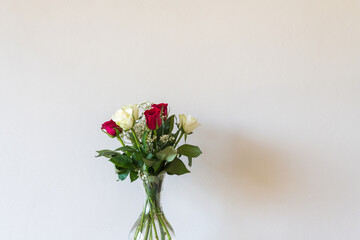 Clloseup of red and cream roses in glass vase against textured beige wall with copy space