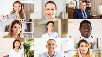 Collage of headshot portraits of smiling business people of different ages and nationalities posing at workplaces ..