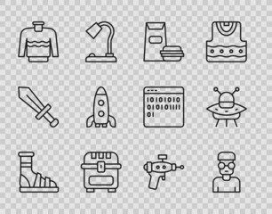 Set line Slippers with socks, Nerd geek, Burger, Antique treasure chest, Sweater, Rocket ship, Ray gun and UFO flying spaceship icon. Vector