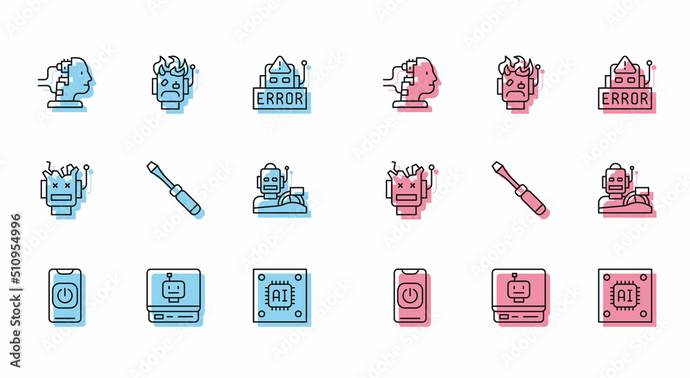 Poster set line turn off robot from phone, robot, for maintenance, processor with microcircuits cpu, screwd